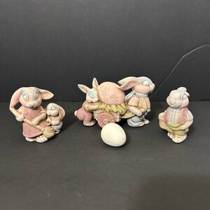 Vintage(?) Adorable Pastel Ceramic Bunny Figurine Set with Egg Inscribed With Jo